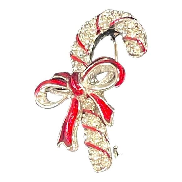 Candy Cane Rhinestone Bow Swarovski Crystal Holiday Gold Tone Brooch NEW IN BOX - Picture 1 of 12